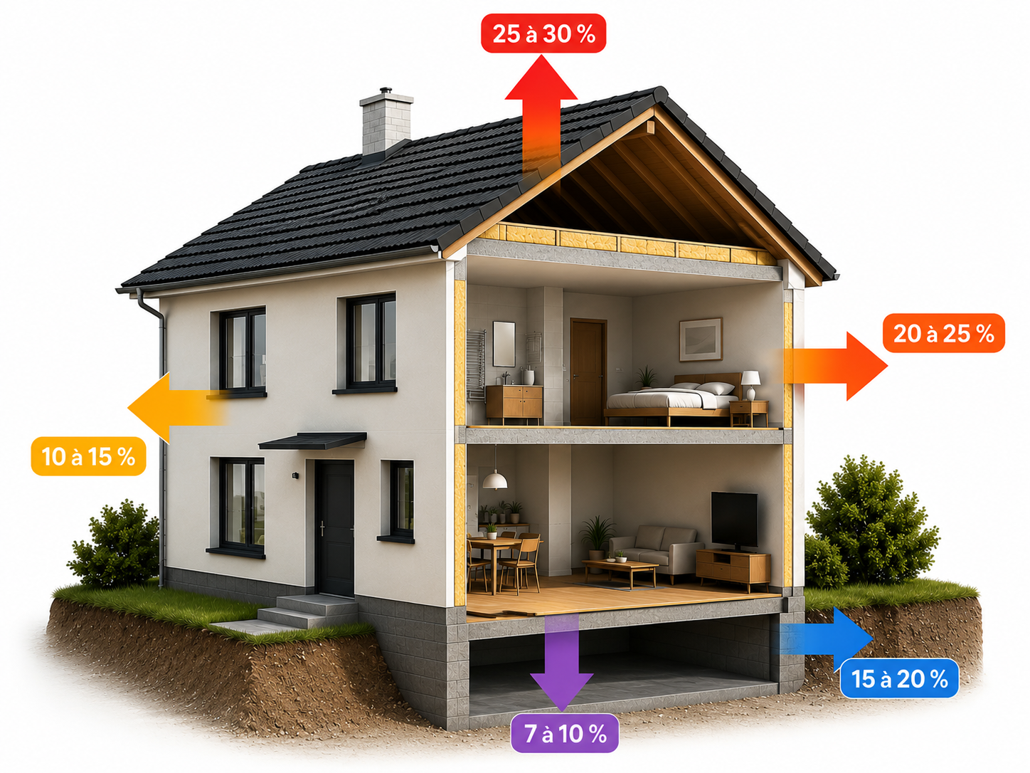 Schéma des déperditions thermiques d'une maison